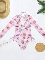 Long Sleeve Floral Mesh Three Pieces Bikini Swimwear