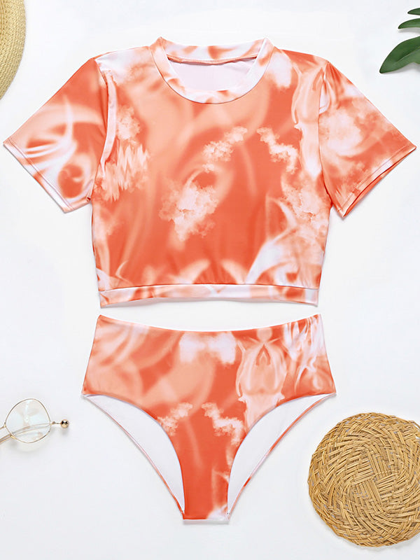 Short Sleeve Tie-Dyed High-Waisted Tankini Swimwear