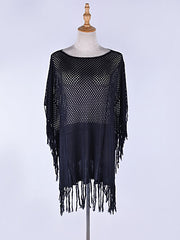 Solid Color Hollow Split-Joint Tasseled Crochetgo Bat Sleeve Cover-Ups Tops