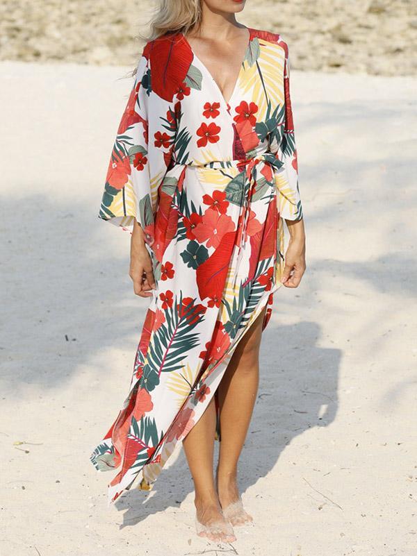 Floral-Print Belted Long Sleeve Tunicshang Cover-Ups