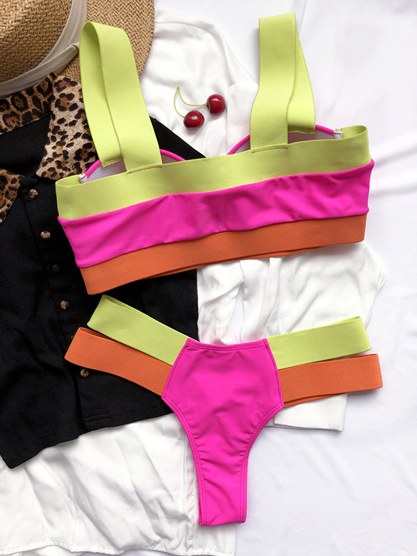 Sleeveless Color-Block Bralette High-Waisted Bikini Swimwear