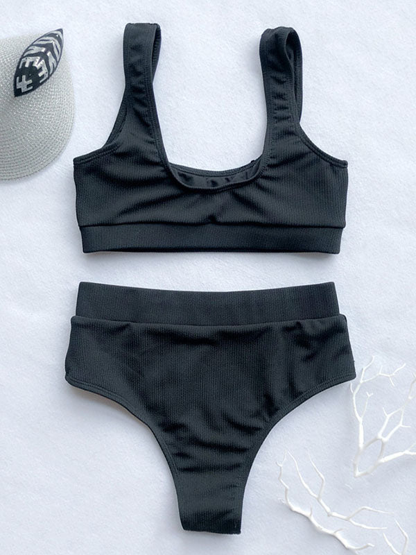 Plain High-Waist Split Bikini Swimsuit