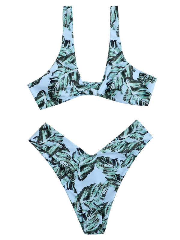 Leaf Print Knotted Backless Split Bikini Swimsuit