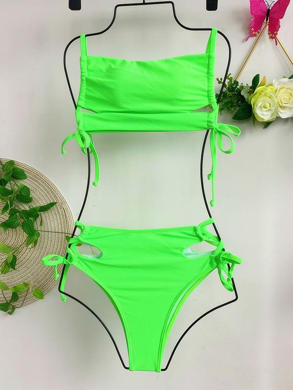 Solid Color Hollow Bandage Split Bikini Swimsuit