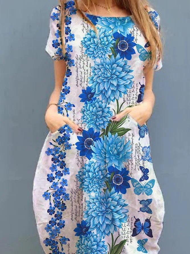 Kurzärmliges Kleid mit Rundhalsausschnitt und modischem Blumen- und Schmetterlingsdruck