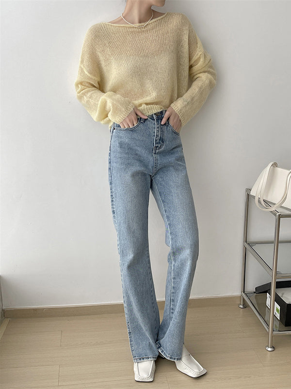 Gentle Mohair Knitted Loose Long Sleeves Solid Color Thin Sweater Tops