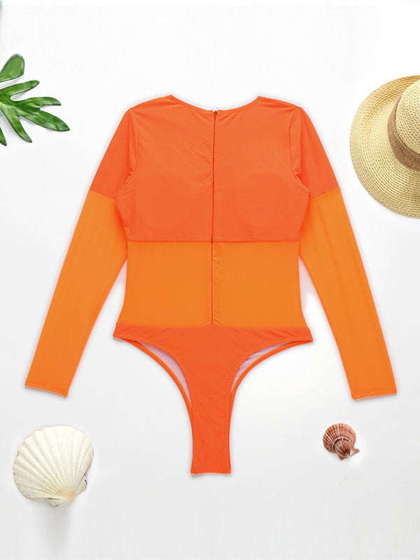 Solid Color See-Through Gauze Split-Joint Long Sleeve One-Piece Wetsuit