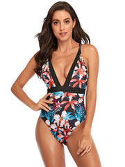 Deep V-Neck Floral Hollow Bandage One-Piece Swimwear