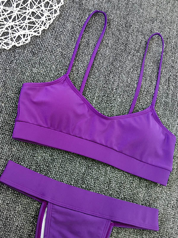 Solid Color Spaghetti-Neck Split Bikini Swimsuit