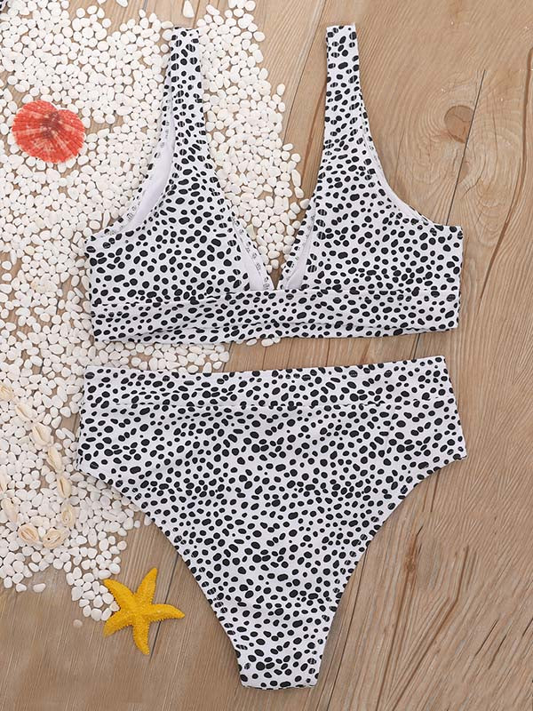 Polka-Dot Printed Deep V-Neck Split Bikini Swimsuit