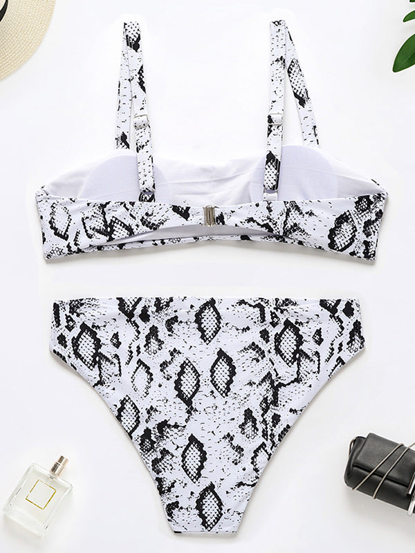 Sleeveless Snake-Print Hollow High-Waisted Bikini Swimwear