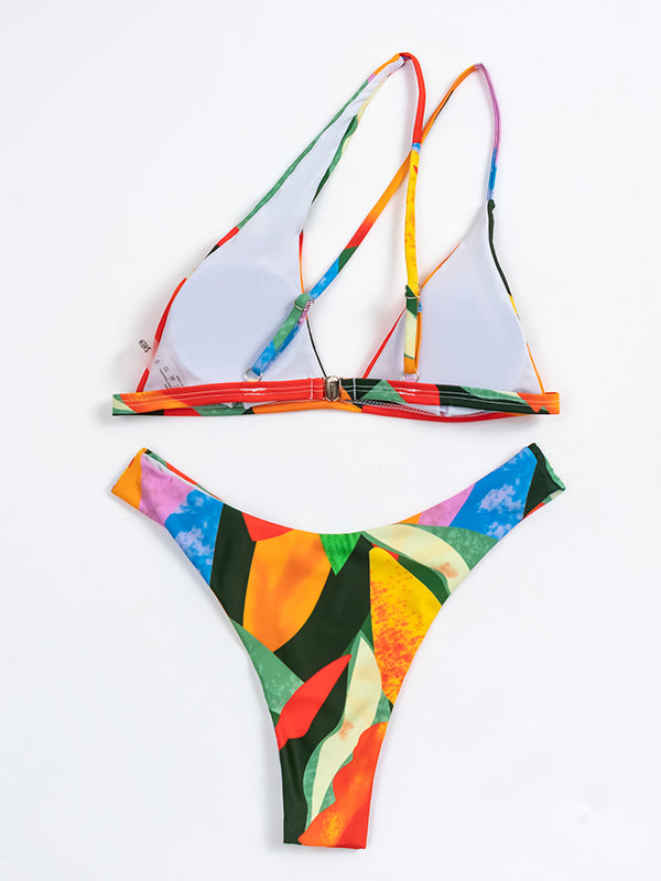 One-Shoulder Color-Block Triangles Brazilian Bikini Swimwear