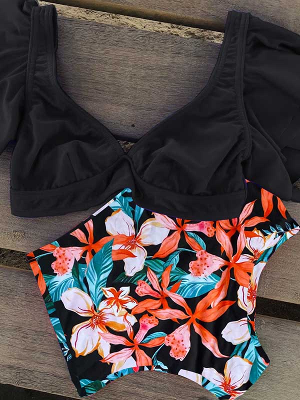 Falbala Floral-Printed Deep V-Neck Bikinis Swimsuit