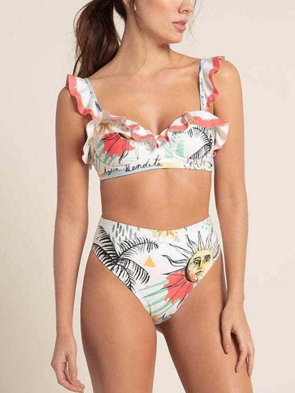 Floral-Print Falbala Split Bikini Swimsuit