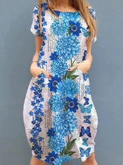 Round neck floral butterfly fashion print short sleeve dress