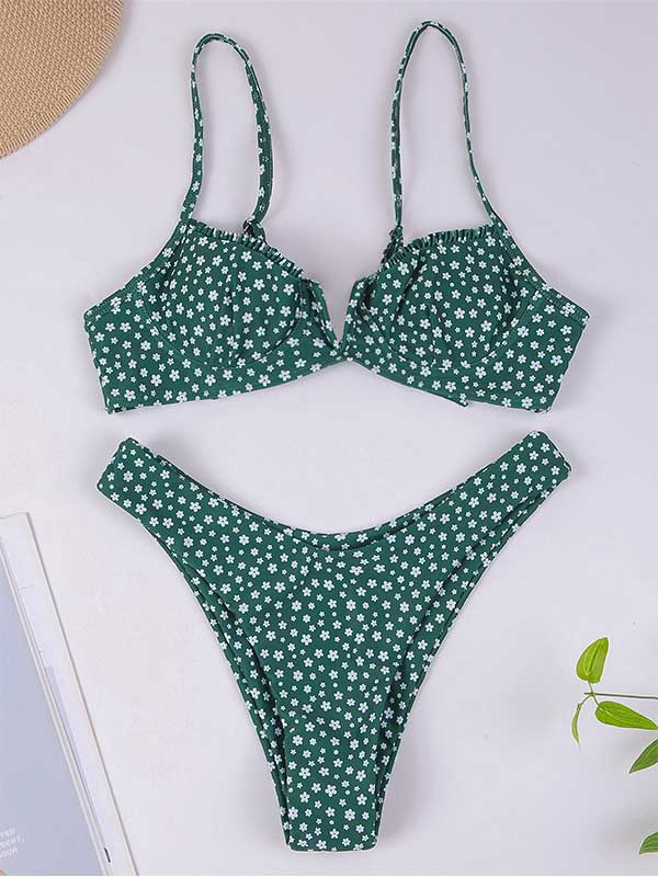 Bikini-Badeanzug mit Blumenmuster, Rüschen, Bügel und Schlitz 