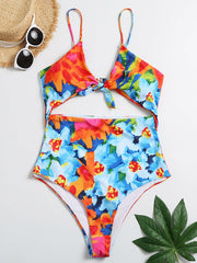 Floral-Print Split-Joint Hollow Sexy One-Piece Swimwear