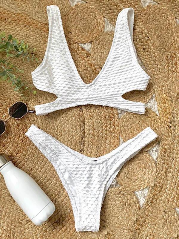 Solid Color Gauze Tiered Hollow Split Bikini Swimsuit