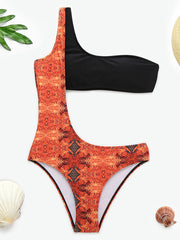 Floral-Print Split-Joint One-Shoulder One-Piece Swimwear