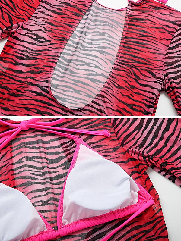 Long Sleeve Zebra Print Mesh Bikini Wetsuit Swimwear