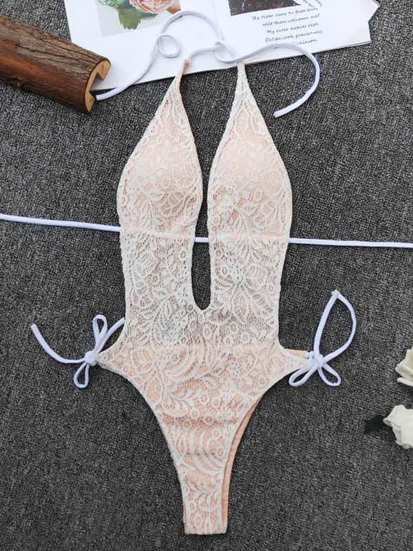 Monokini Halterneck Lace Split-Joint One-Piece Swimwear