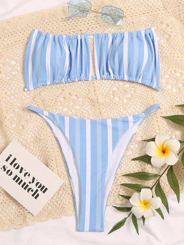 Striped Hollow Bandage Backless Split Bikini Swimsuit