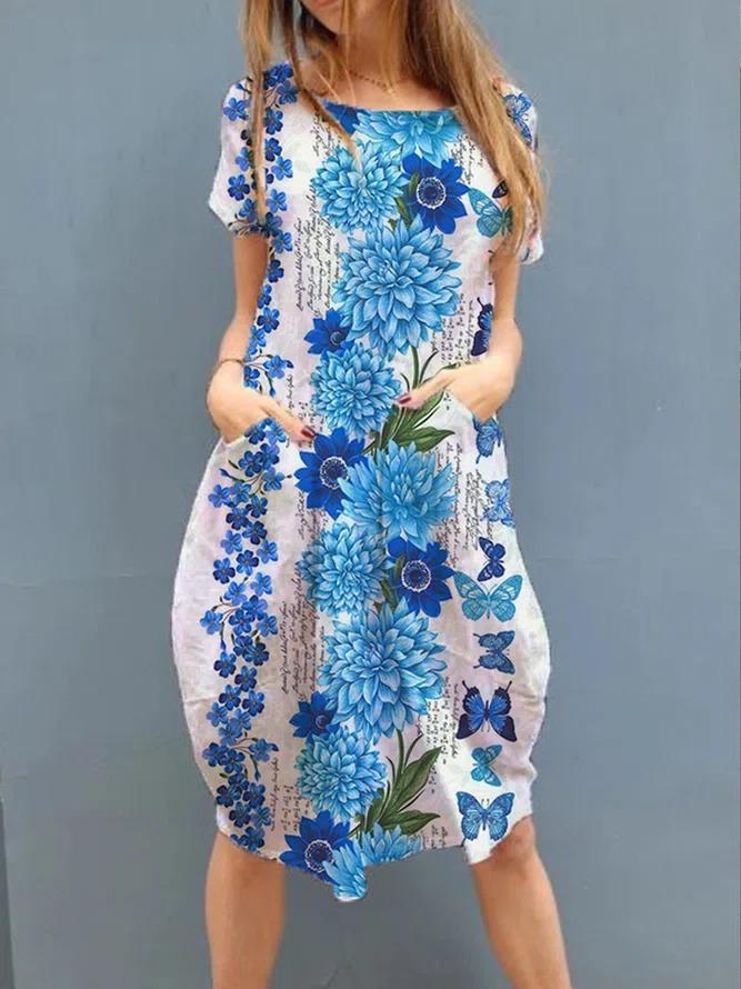 Round neck floral butterfly fashion print short sleeve dress