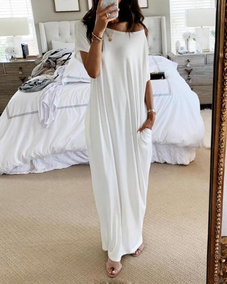 Elegant Short Sleeve Ultra Soft Split Flowing Basic Maxi Dress