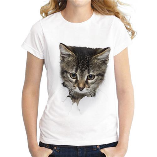 Damen T-Shirt mit 3D-Katzen-Print, kurzärmelig, für den Sommer, Bluse 