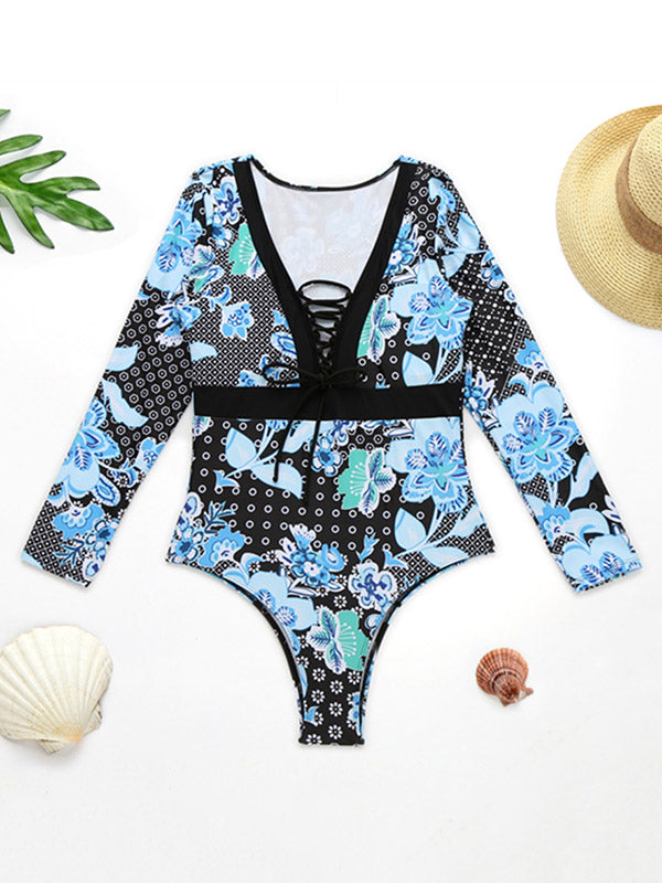 Floral-Print Split-Joint Long Sleeve One-Piece Wetsuit