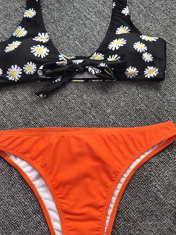 Floral-Print Color-Block Knotted Split Bikini Swimsuit