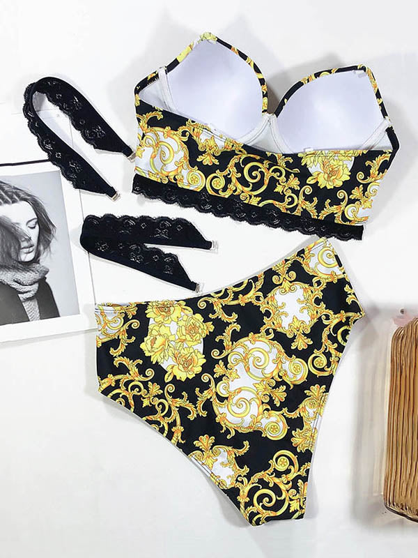 Chinese Style Printing Lace Split Bikini Swimsuit