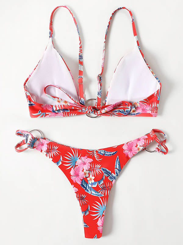 Three-Piece Floral Print Bandage Tie Side Bikini Swimwear