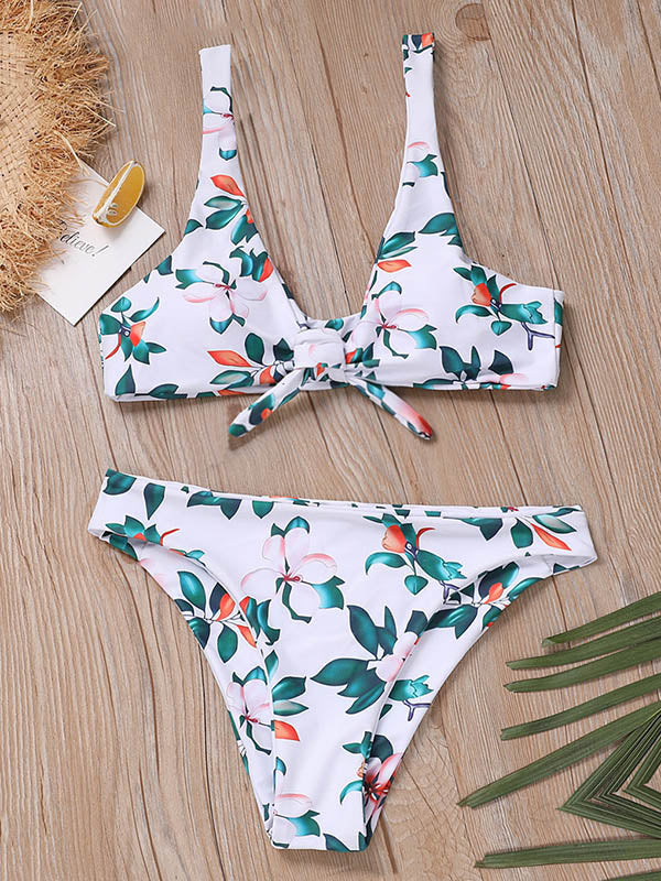 Floral-Print Color-Block Knotted Split Bikini Swimsuit