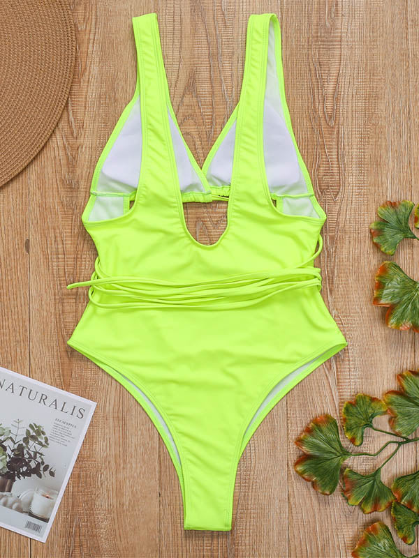 Solid Color Bandage Hollow One-Piece Swimwear