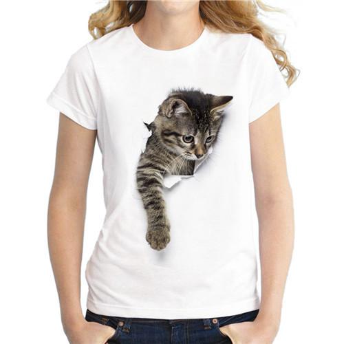 Damen T-Shirt mit 3D-Katzen-Print, kurzärmelig, für den Sommer, Bluse 