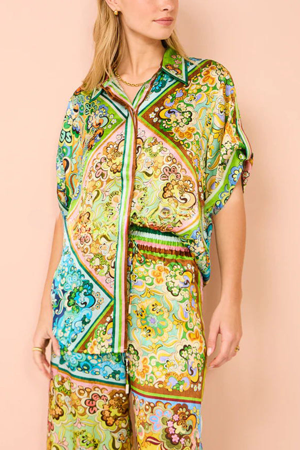 Effortlessly Stylish Satin Paisley Color Block Print Button Down Oversized Blouse
