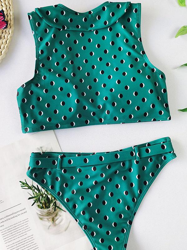 Polka-Dot Printed U-Neck Belted Split Bikini Swimsuit