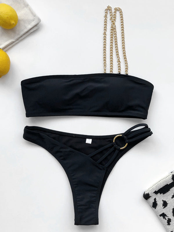 Asymmetric One-Shoulder Embellished Split Bikini Swimsuit