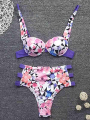 Floral-Print Bandage Split-Joint Underwired Split Bikini Swimsuit