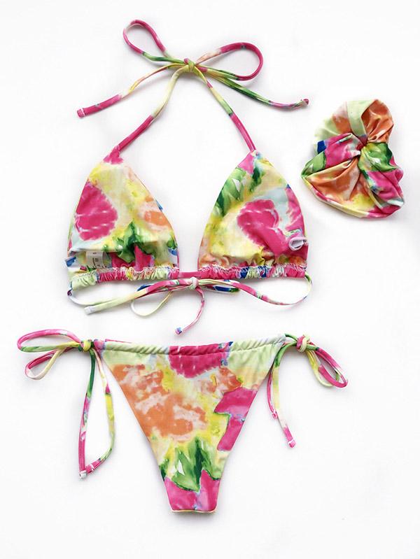 Tie-Dyed Printed Halterneck Split Bikini Swimsuit +Hair Ring