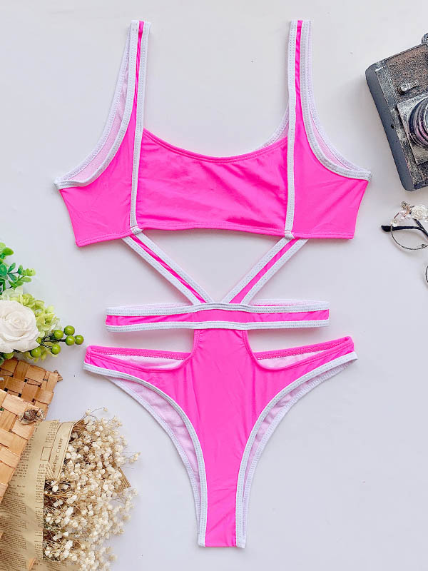 One-Piece Fluorescent Spaghetti-Neck Split-Joint Monokini Swimnwear