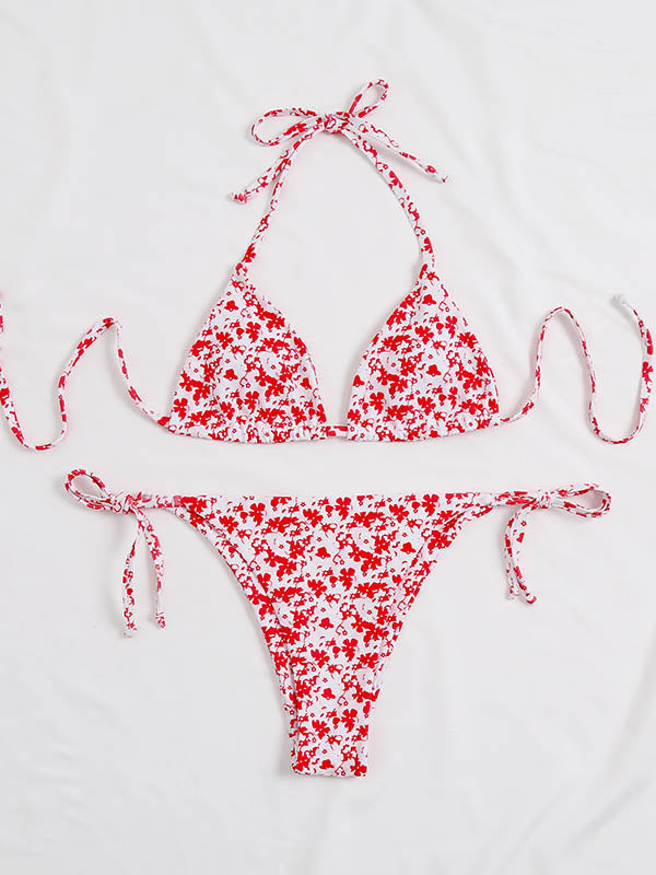 Floral-Print Backless Bandage Triangles Split Bikini Swimsuit