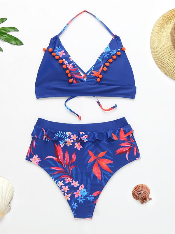 Floral-Print Split-Joint V-Neck Split Bikini Swimsuit