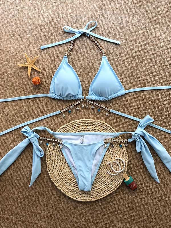 Gorgeous Embellished Bandage Triangles Split Bikini Swimsuit