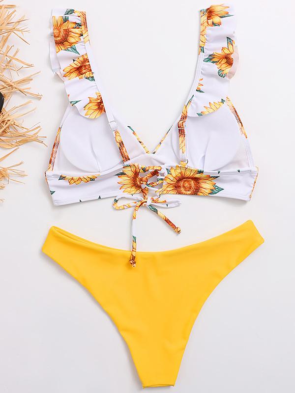 Floral-Print Color-Block Flared Sleeves Bandage Split Bikini Swimsuit