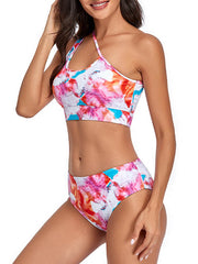 Einschultriger Bikini mit hoher Taille und Batikmuster 