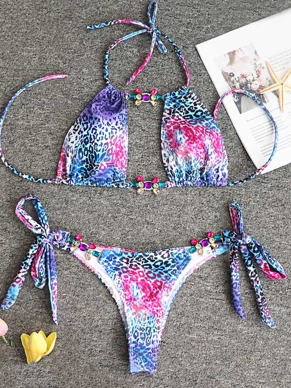 Leopard Print Gorgeous Embellished Bandage Split Bikini Swimsuit