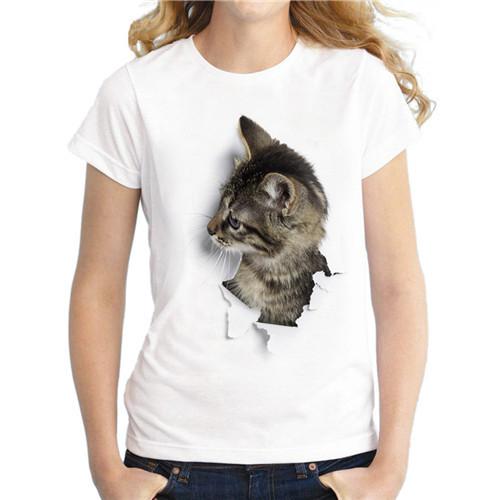 Damen T-Shirt mit 3D-Katzen-Print, kurzärmelig, für den Sommer, Bluse 