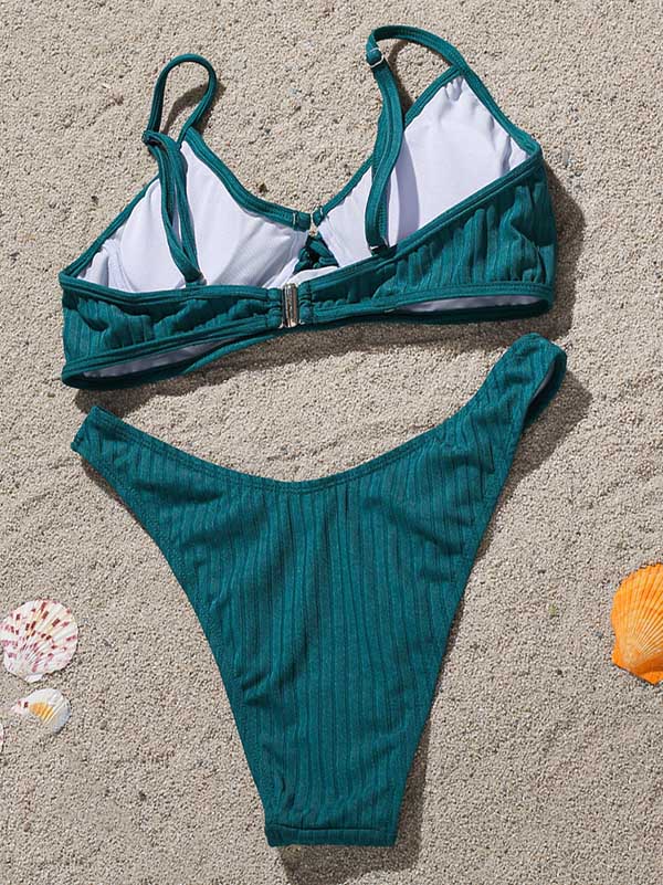 Solid Color Bandage Underwired Split Bikini Swimsuit